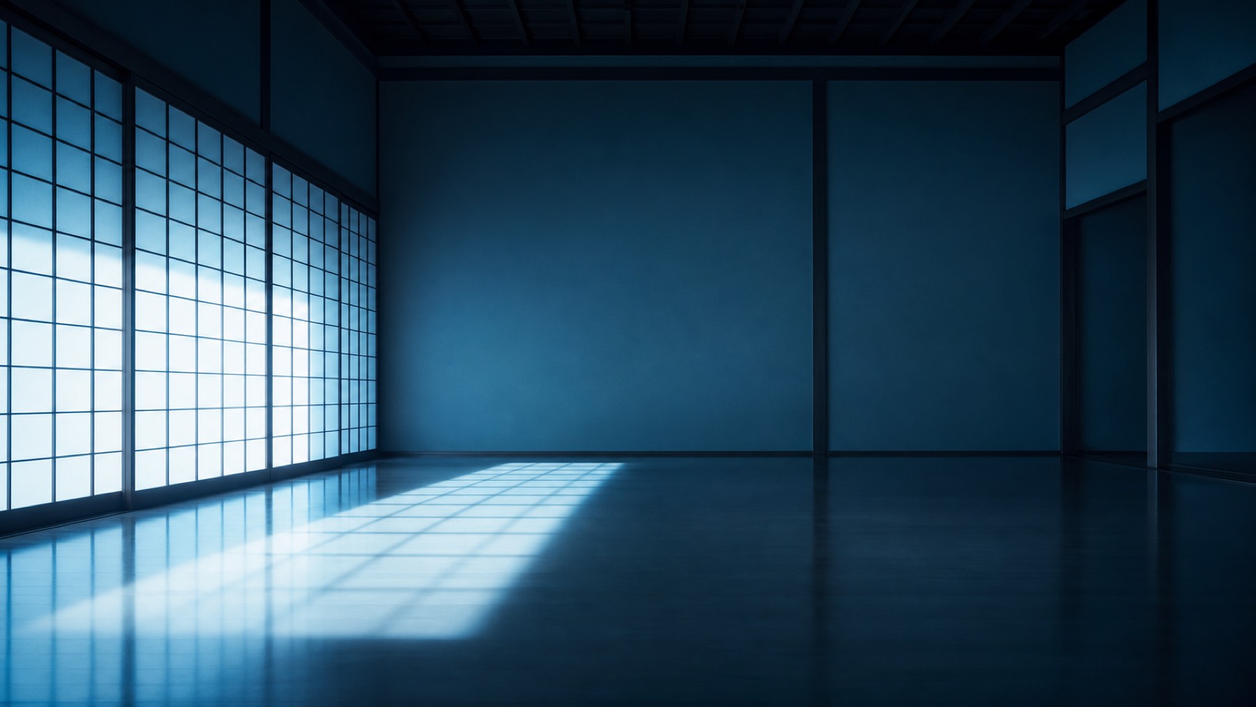 障子ごしの光が、磨かれた床に一本の帯となって落ちている和の空間